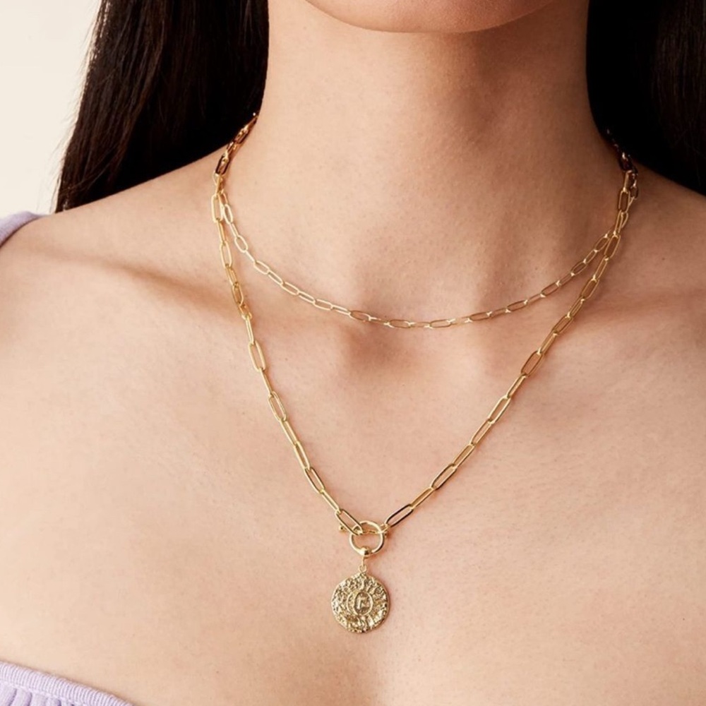 14k Gold Plated Layered Necklace with Textured Disc Pendant